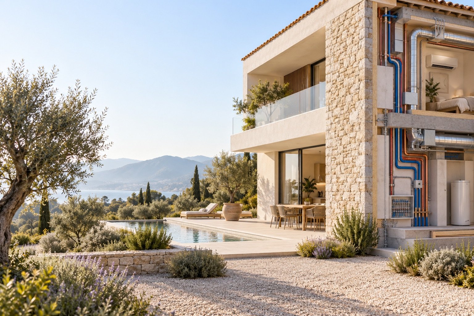 Vue d’une maison dont les réseaux de plomberie, d’électricité et de ventilation apparaissent en transparence