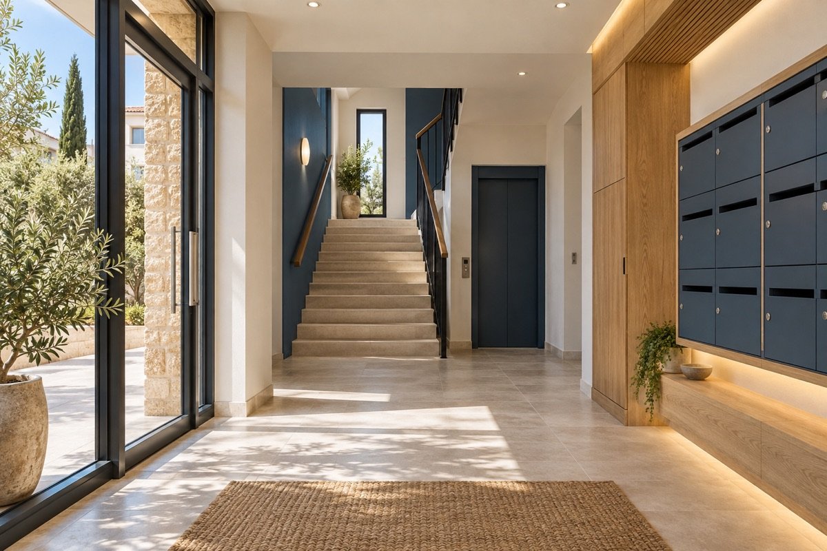 Entrée et espaces communs d’un immeuble résidentiel